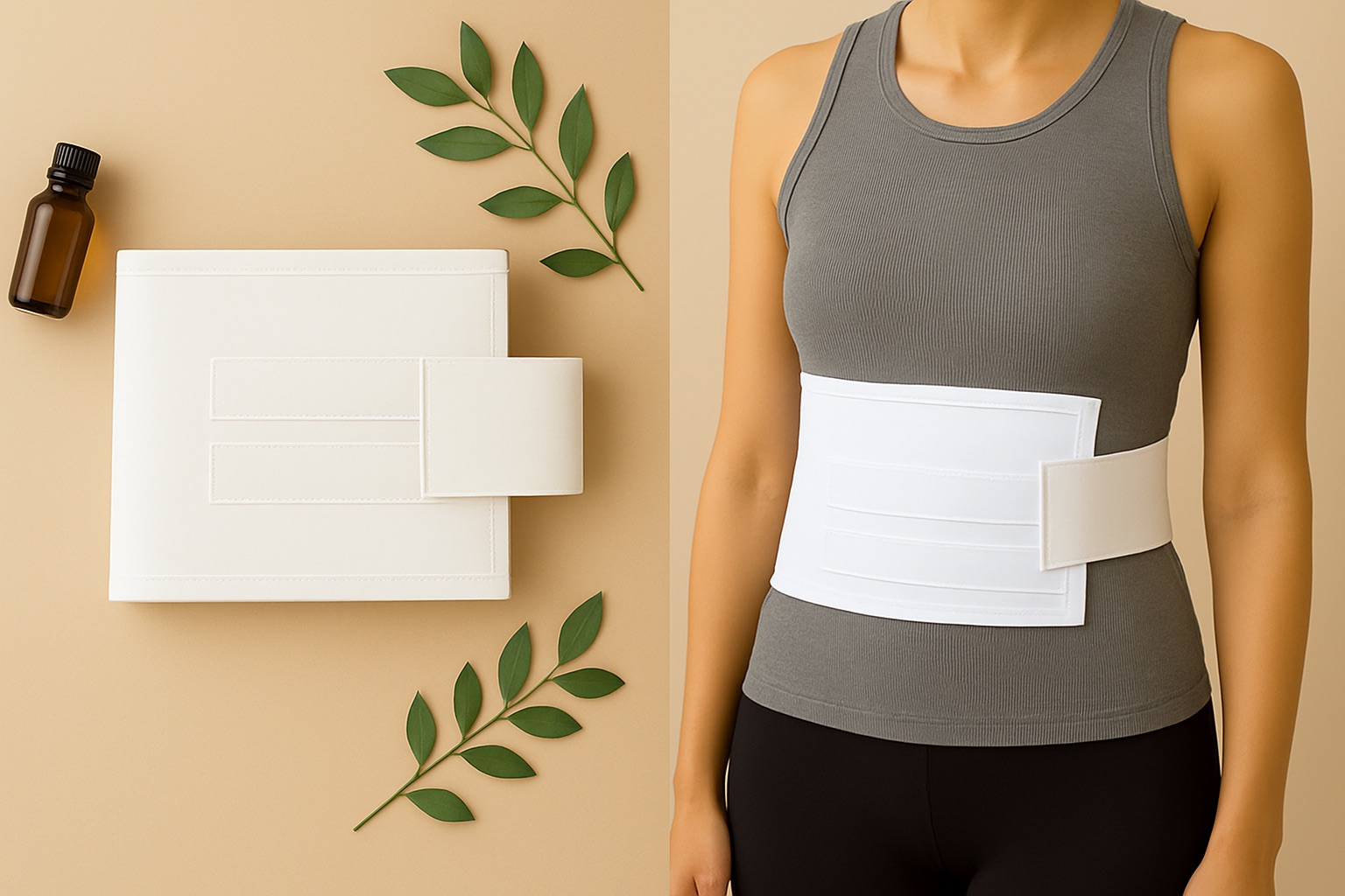 Square castor oil pack with a wide band on a model