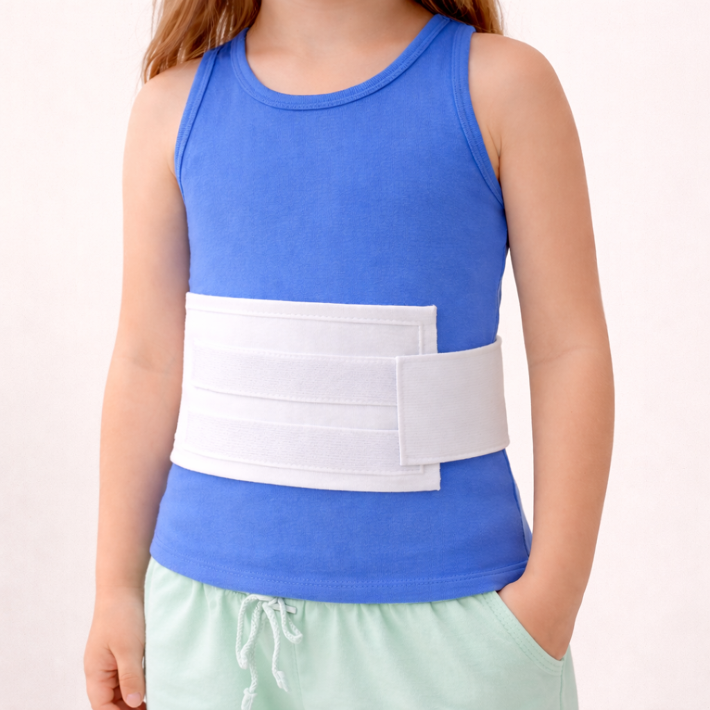 Child in blue tank top wearing a white abdominal binder.