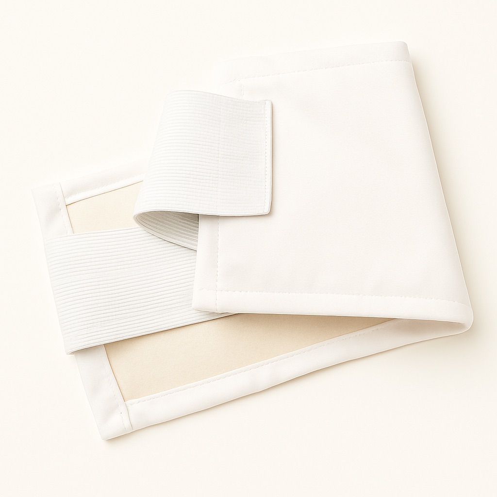 White fabric band with Velcro, laying flat against a light background.