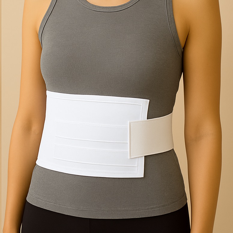Woman wearing a white abdominal binder over a gray tank top.