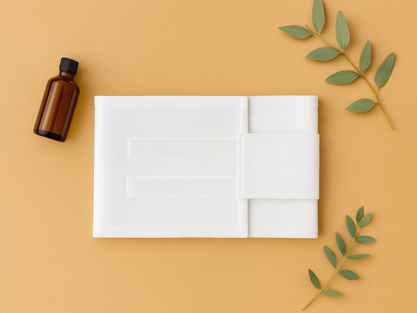 Brown bottle, white folded towel, and green leaves on a beige background.